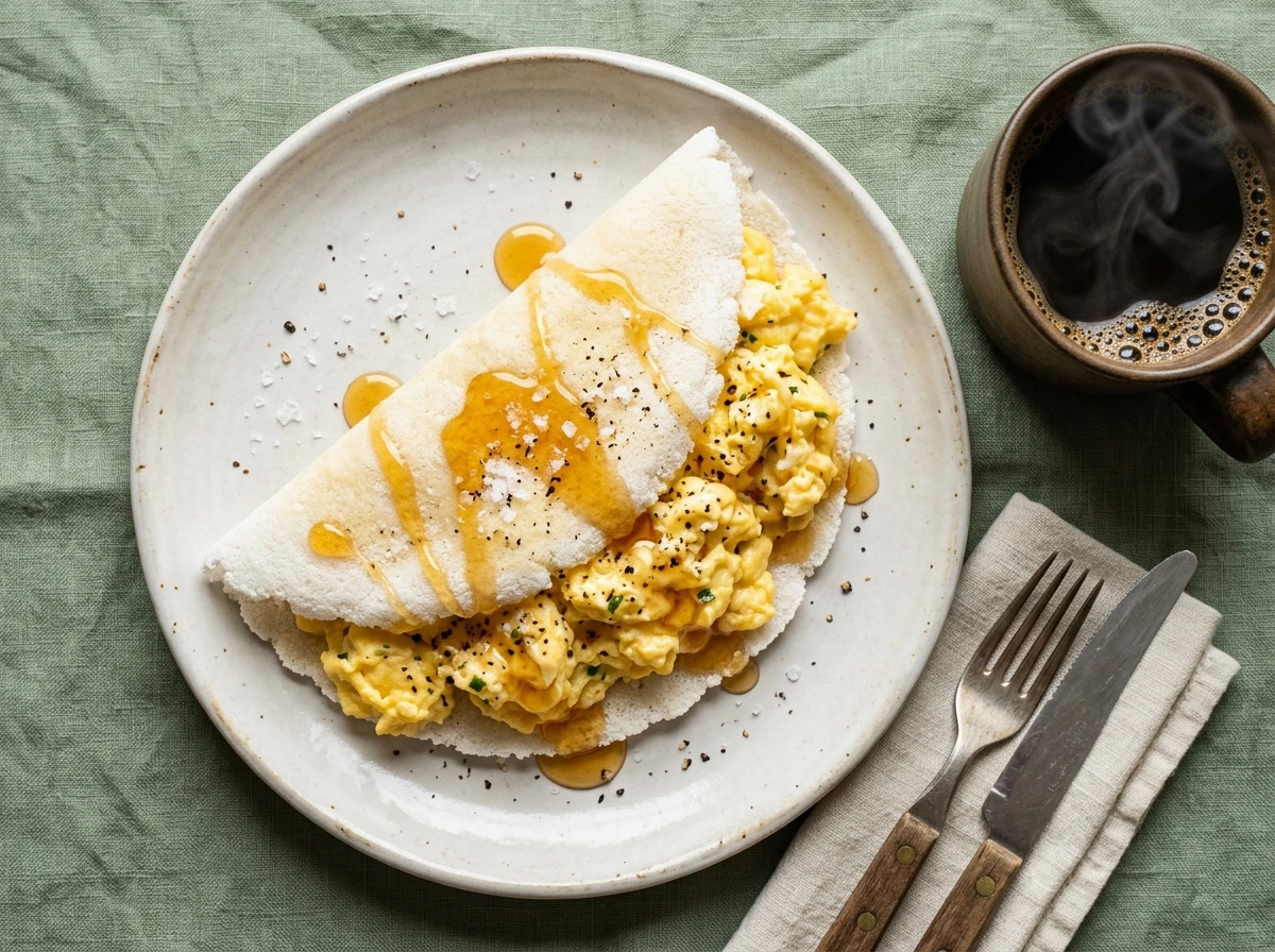 Tapioca fininha recheada com ovos mexidos cremosos, fio de mel dourado e caneca de café quente ao lado